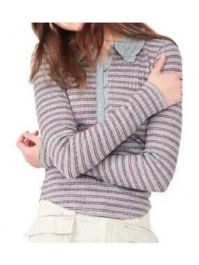 Free People Womens Striped Long Sleeve Knit Polo Shirt Small Blue & Red
